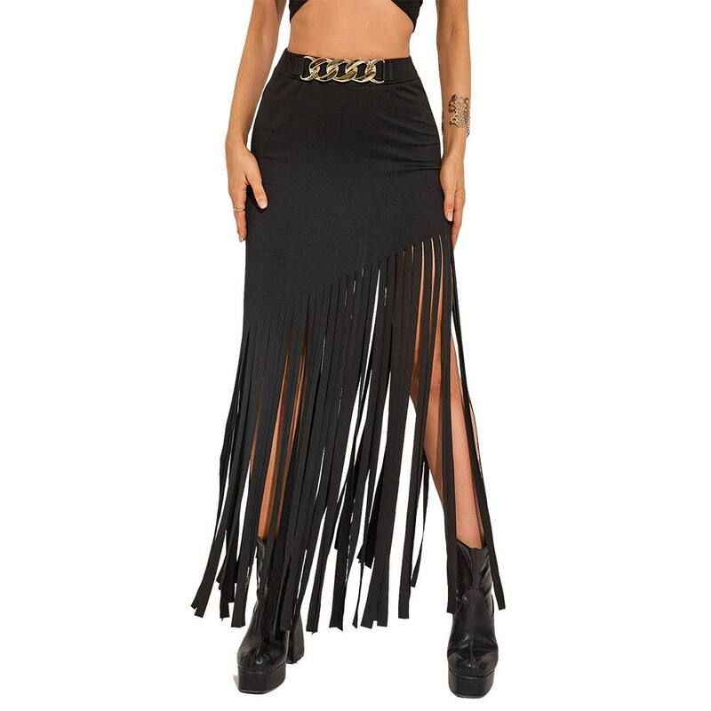 クリアフラワー レディース ボトムスカート アシンメトリー ミディ フリンジ ClearFlower Women Asymmetrical Fringe Midi Skirt Gold Chain B