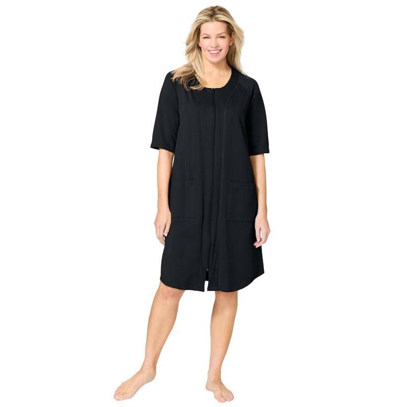 ドリームスアンドコー レディース アンダーウェア ナイトウェア プラスサイズ パイル Dreams Co Plusize Short French Terry ZipFront Robe Black