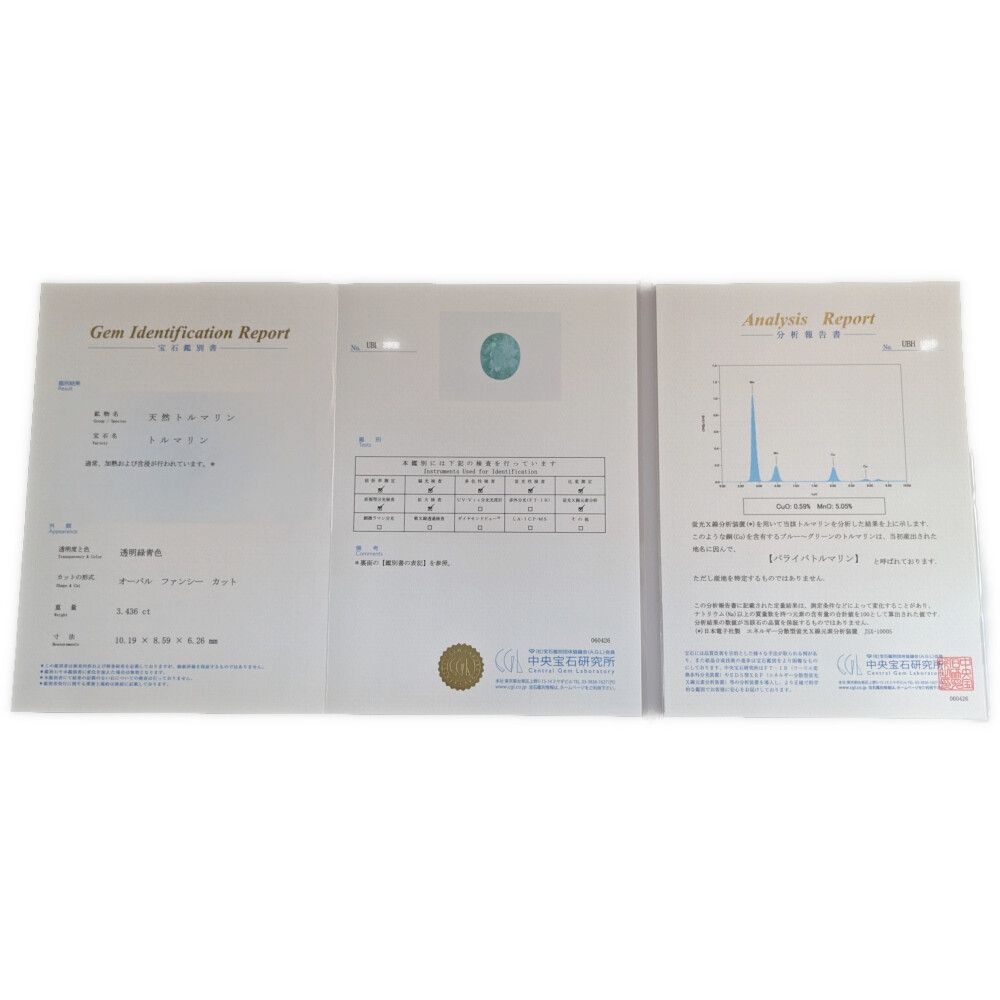3.436ct パライバトルマリンルース Loose ルース グリーン 中央宝石研究所鑑別書【♀】【S】【レディース】★■615721【中古】