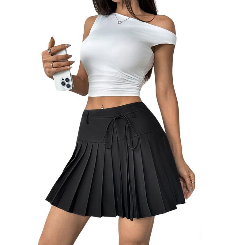 エリートスピリット レディース ボトムスカート ハイウエスト プリーツ ミニ EliteSpirit Womens High Waist Pleated Mini Skirt Drawstring D