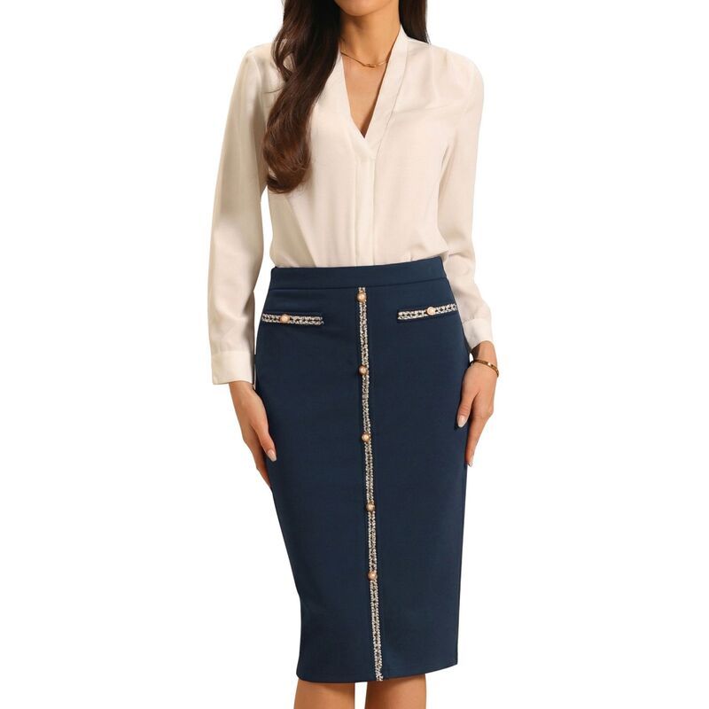ホンベティ レディース ボトムスカート ハイウエスト ミディ ツイード Hombety Womens Pencil Skirt High Waistweed Trim Work Bodycon Mid