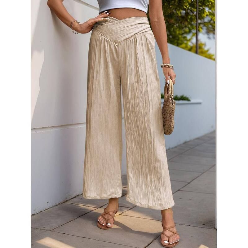 クリアフラワー レディース ボトムス カジュアルパンツ ワイドレッグ ClearFlower Womens Cross Waist Wide Leg Pants Textured Trousers A