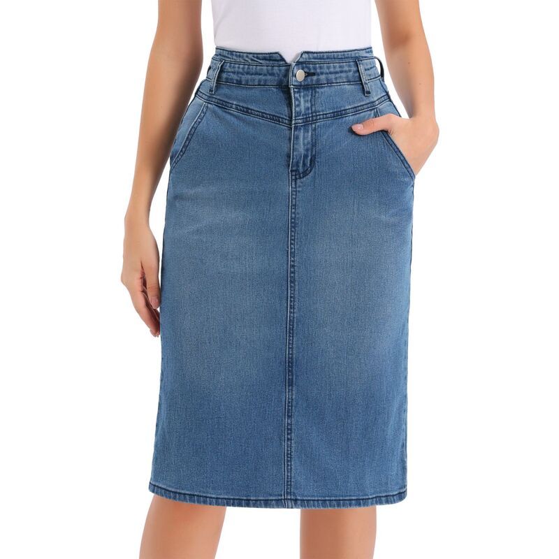 インスパイア シック レディース ボトムスカート ミディ デニム INSPIRE CHIC Denim Skirt for Women Casual Back Slit Stretchy High W