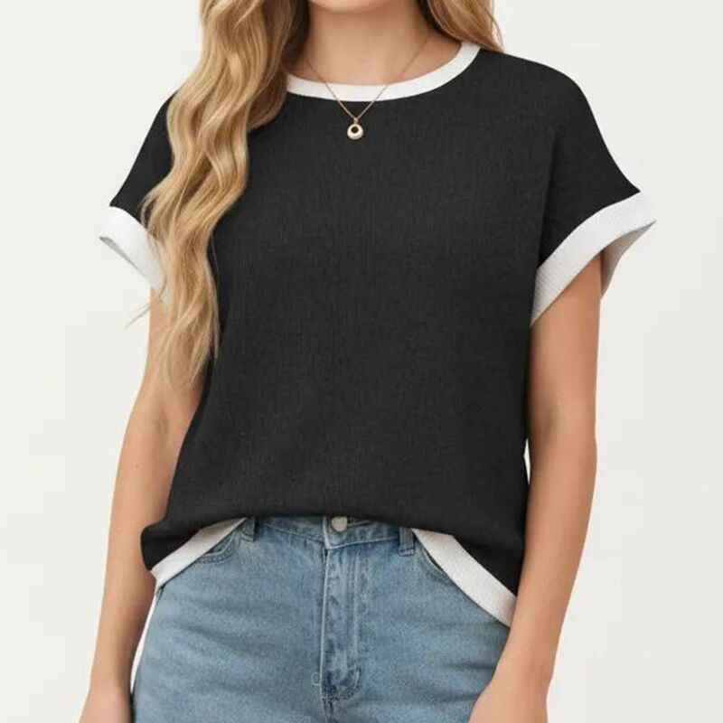 アンナカシ レディース アウター ニット・セーター コントラスト AnnaKaci Short Sleeve Textured Knitop with Contrast Rib Trim Black