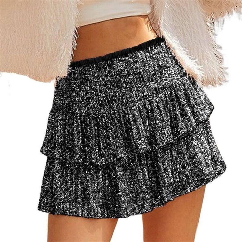 クリアフラワー レディース ボトムスカート ティアード ハイウエスト フリル ミニ スパンコール ClearFlower Womensequin Tiered Mini Skirt High Wais