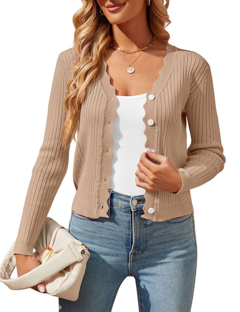 ファンジュライ レディース アウター ニット・セーター ボタンダウン カーディガン ダウン クロップド FUNJULY Womens Long Sleeve Cropped Cardigan Knit