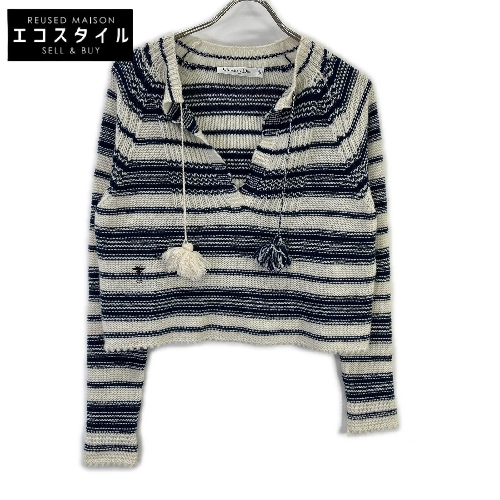 Christian Dior　クリスチャンディオール　ホワイト×ネイビー 914S63AM015 BEE カシミヤ ボーダー ニット　USA 2