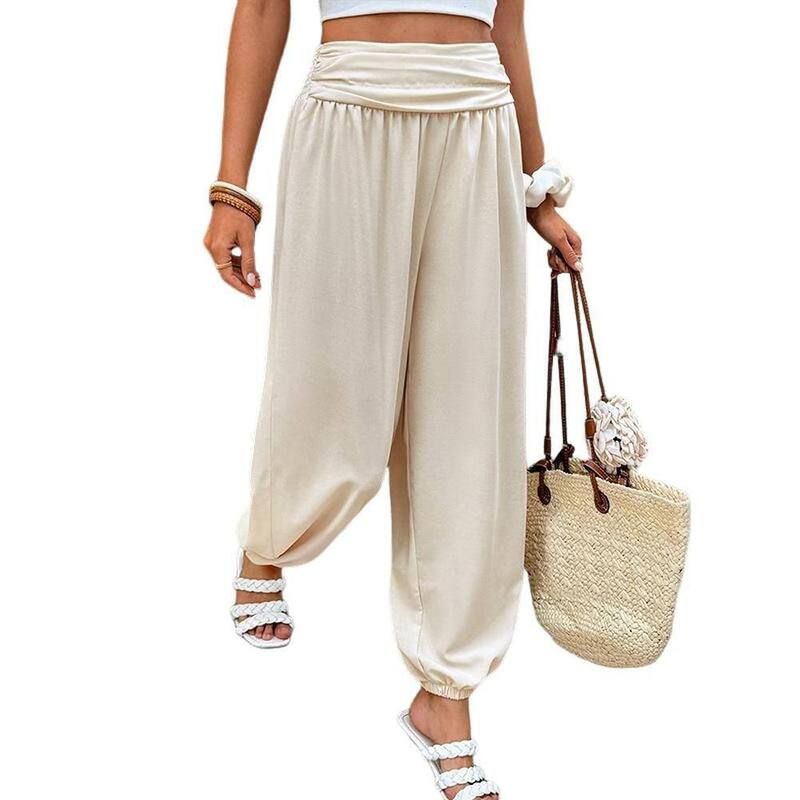 クリアラブ レディース ボトムス カジュアルパンツ ワイドレッグ ハイウエスト シャーリング コットン Clearlove Womens Casual Smocked High Waist Wide