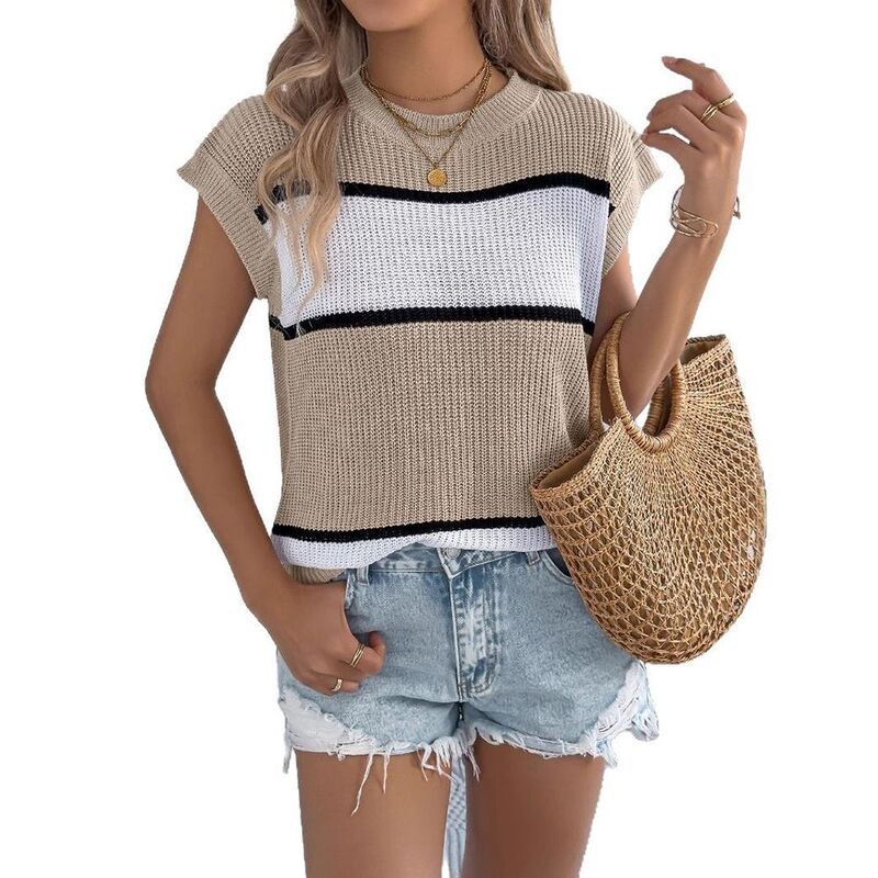 ジョイジョイ レディース アウター ニット・セーター クルーネック JoyJoy Women Color Block Stripe Casual Short Sleeve Knitwear Crew