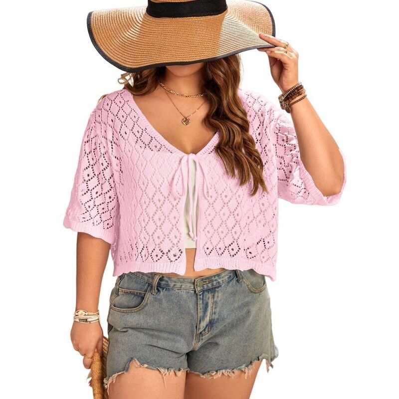 ボディサイズ レディース アウター ニット・セーター カーディガン クロップド BODDYSIZE Womensummer Short Sleeve Crochet Shrug Tie Front O