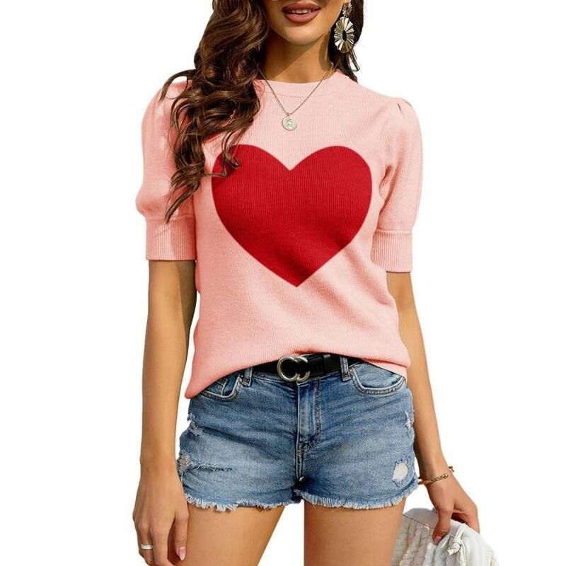 イエスファッション レディース アウター ニット・セーター プリント ブラウス Yesfashion Womens Heart Print Knit Sweater Puff Short Sleeve