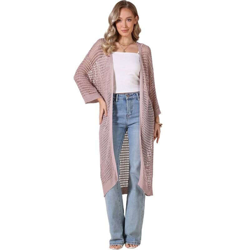インスパイア シック レディース アウター ニット・セーター カーディガン INSPIRE CHICrochet Long Cardigan for Womens 34 Sleeve Hollow O