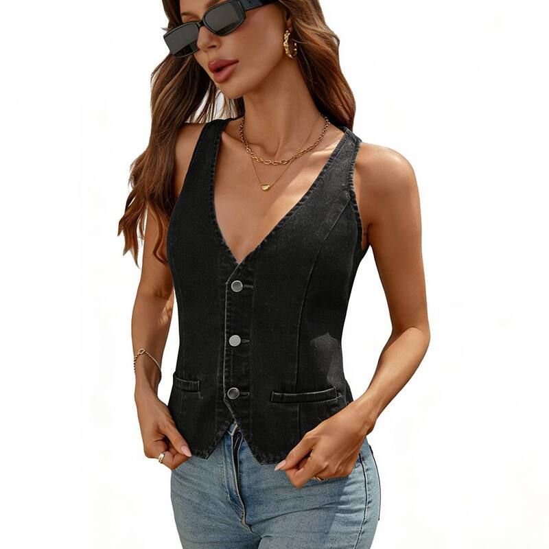 クリアラブ レディース アウター ジャケット・ブルゾン スリムフィット Vネック ベスト ノースリーブ コート デニム Clearlove Womens VNeck Sleeveless Denim