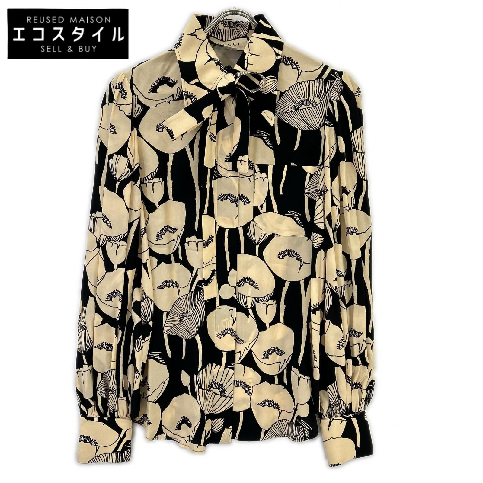 GUCCI　グッチ　652693 ベージュ×ブラック ポピープリントシルクシャツ　38