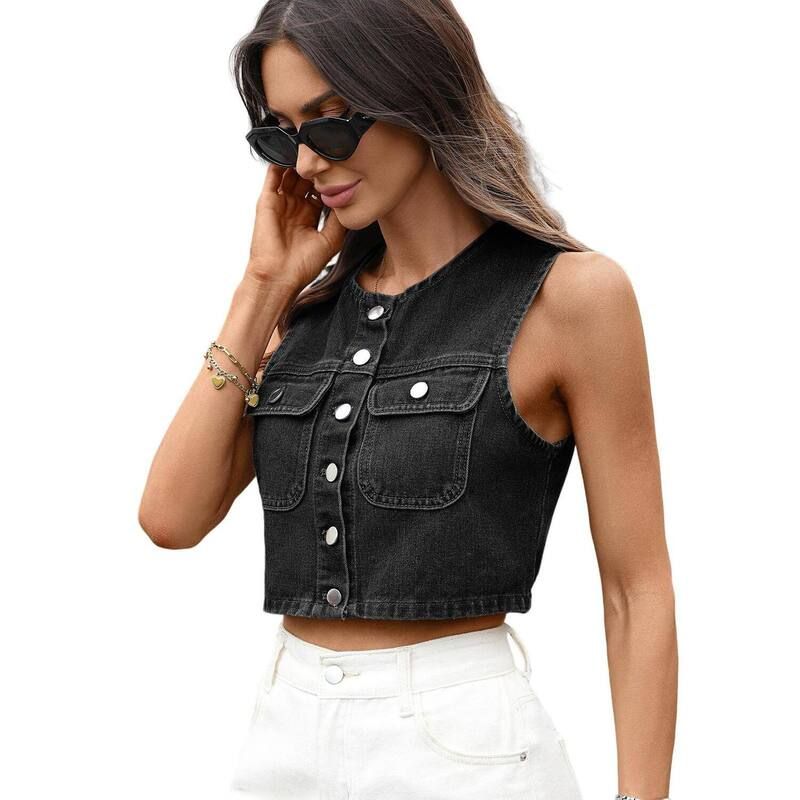 クリアラブ レディース アウター ジャケット・ブルゾン ベスト ノースリーブ デニム Clearlove Womens Round Neck Sleeveless Denim Vest with Du
