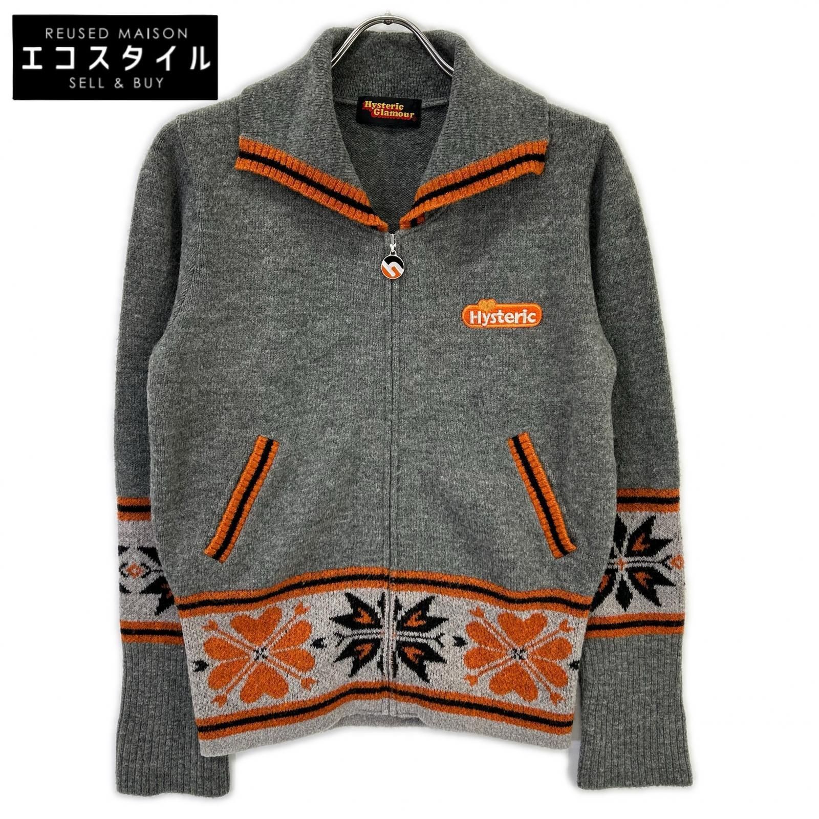 HYSTERIC GLAMOUR　ヒステリックグラマー　グレー×オレンジ ノルディック柄 ジップニットジャケット