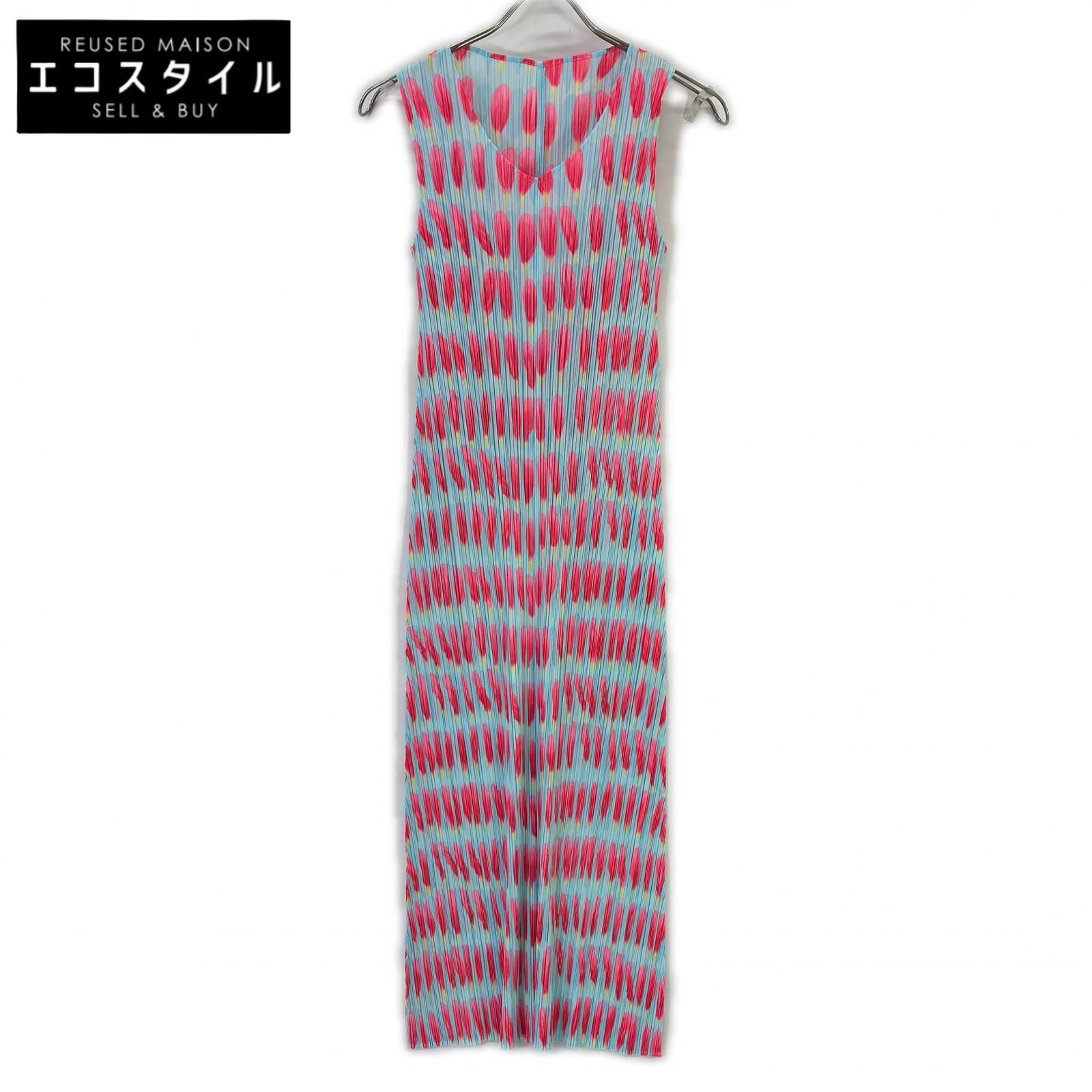 美品 プリーツプリーズ ピンク配色 プリーツワンピース サイズ3 ノースリーブ PLEATS PLEASE プリーツプリーズ PP06-JH222 ライトブルー×ピンク