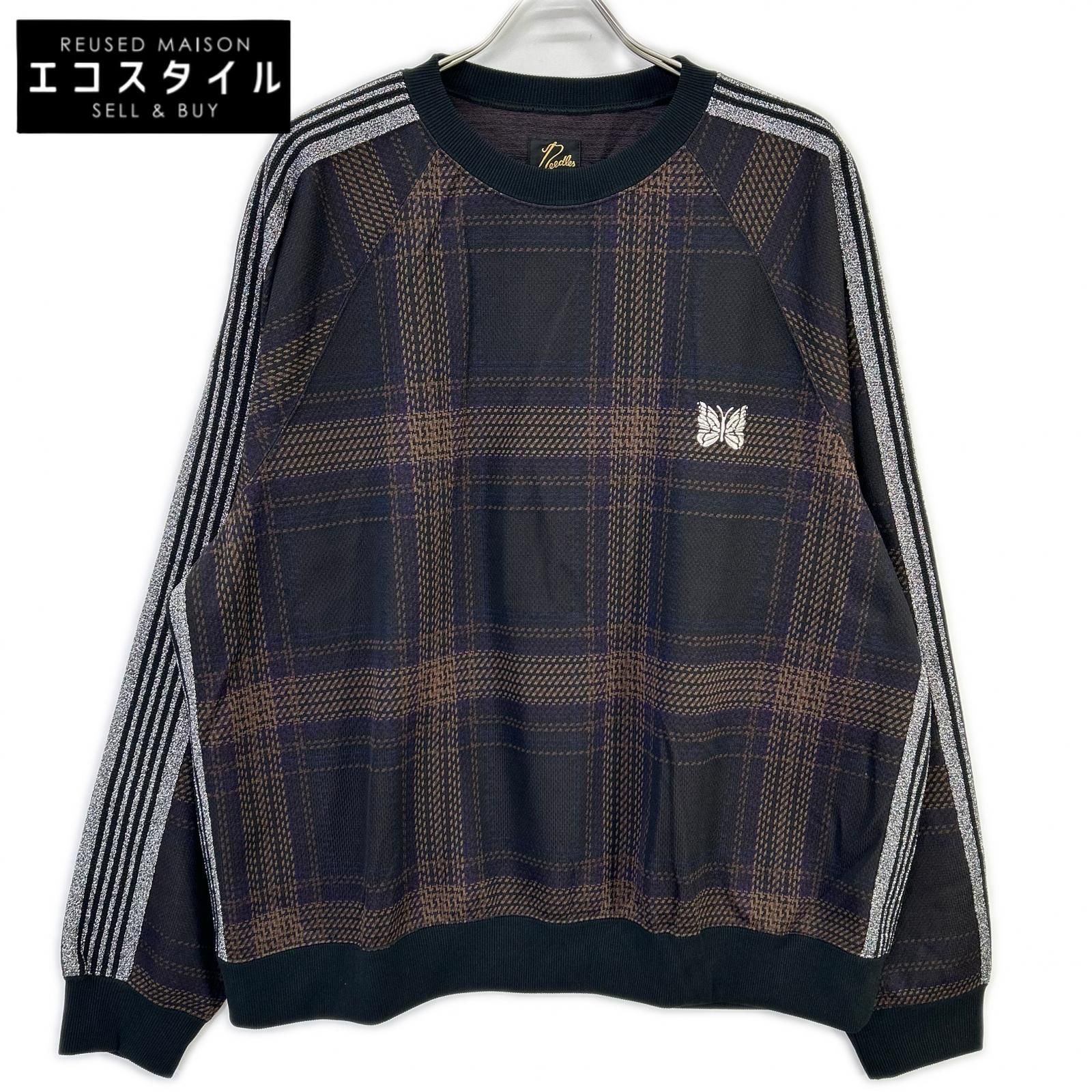 needles　ニードルズ　NS1501 23AW 直営店限定 ブラウン TRACK CREW NECK SHIRT チェックトラッククルーネックシャツ　XL