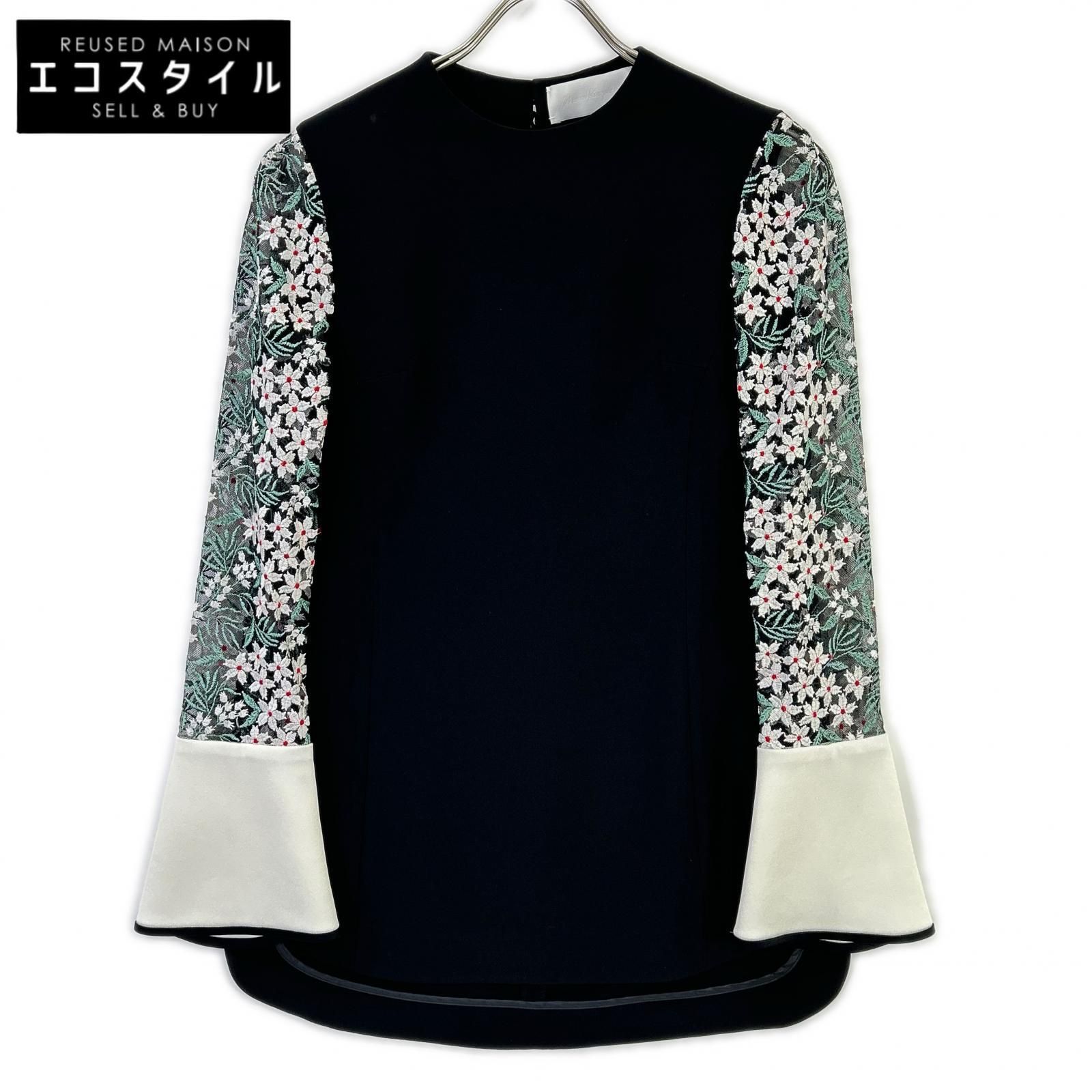Mame Kurogouchi　マメクロゴウチ　MM23PS-SH736 ブラック×ホワイト Floral Lace-Sleeve Classic Top/フローラルレースシュリーブ クラシックトップ　1
