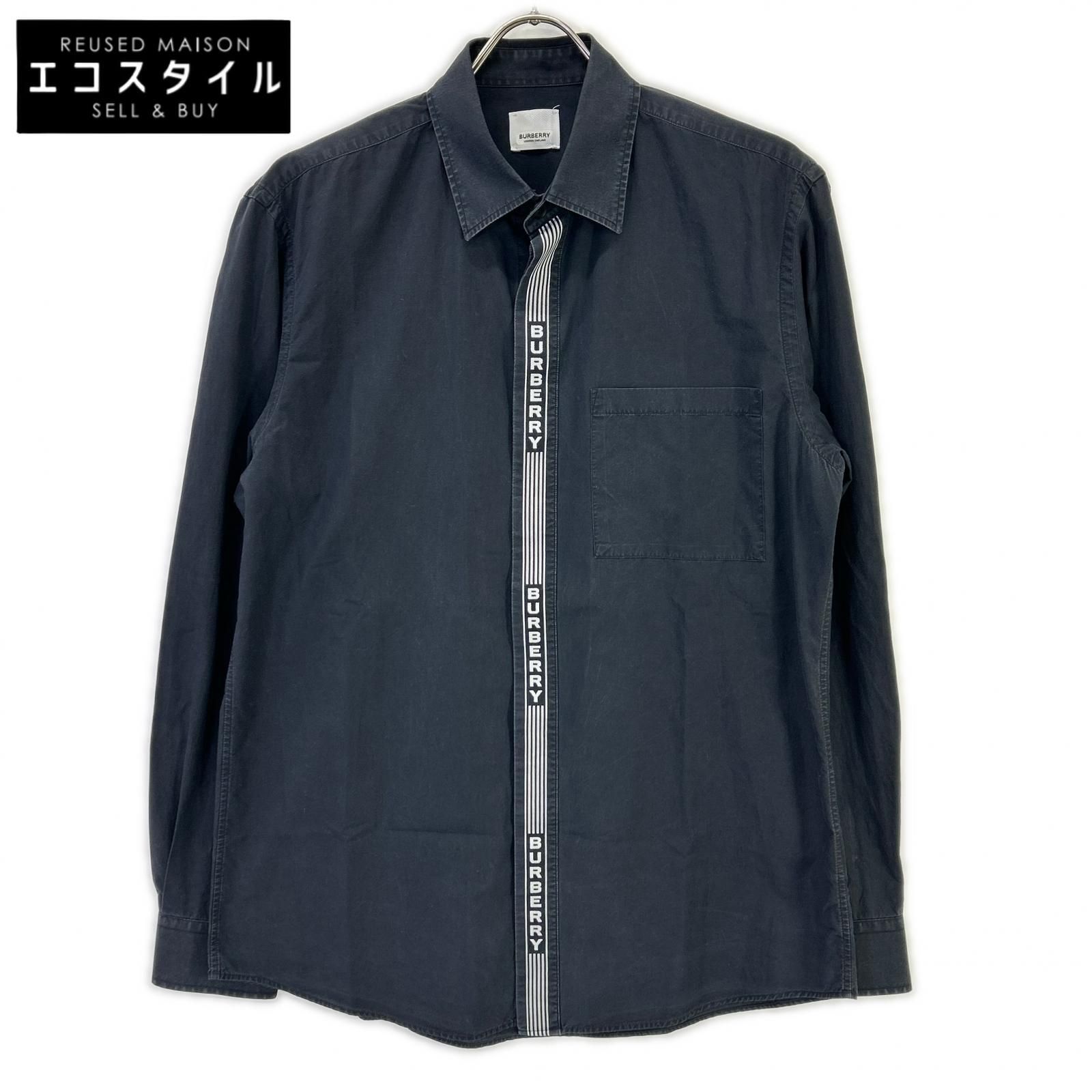 BURBERRY　バーバリー　8036118 ブラック コットン ストライプロゴラインデザイン ロングスリーブボタンシャツ　M