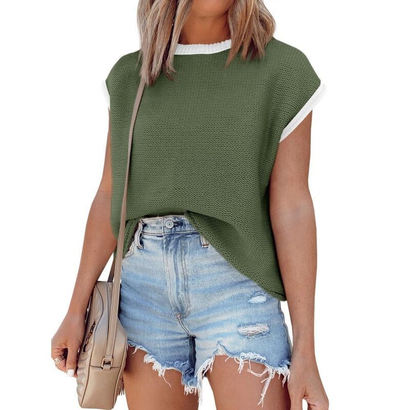 イエスファッション レディース アウター ニット・セーター クルーネック コントラスト Yesfashion Womenshort Sleeve Knitop Crew Neck Contrastri