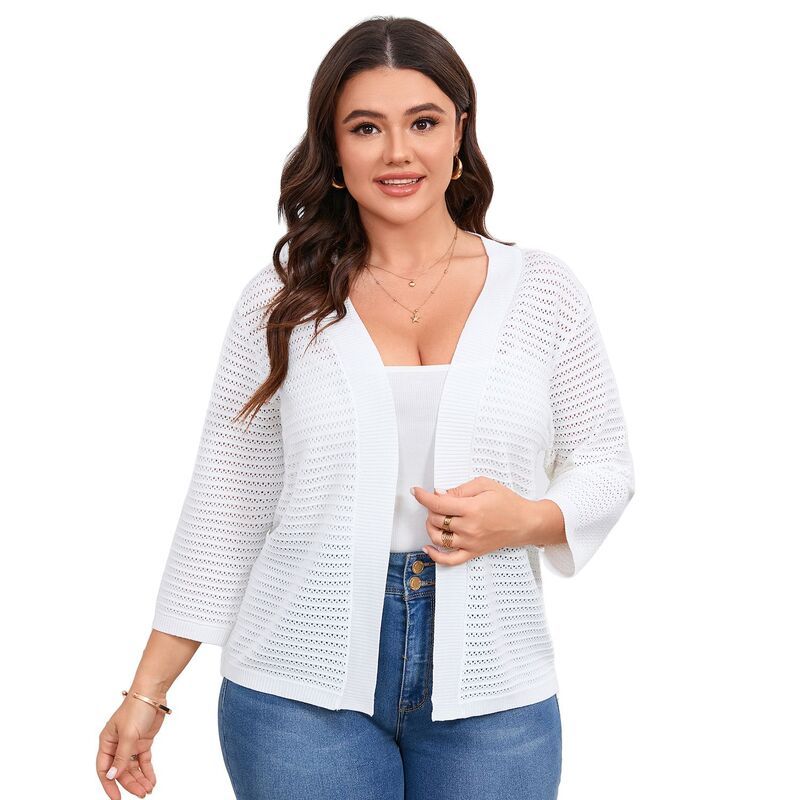 セオリア レディース アウター ニット・セーター プラスサイズ カーディガン Seoria Plusize 34 Sleeve Cardigan for Women Lightweight Hollo