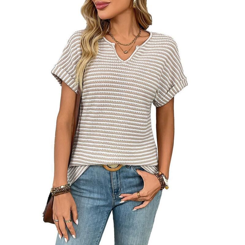 ジョイジョイ レディース アウター ニット・セーター Vネック Tシャツ JoyJoy Womensummer Fashion VNeck Short Sleeve Loose Striped Cas