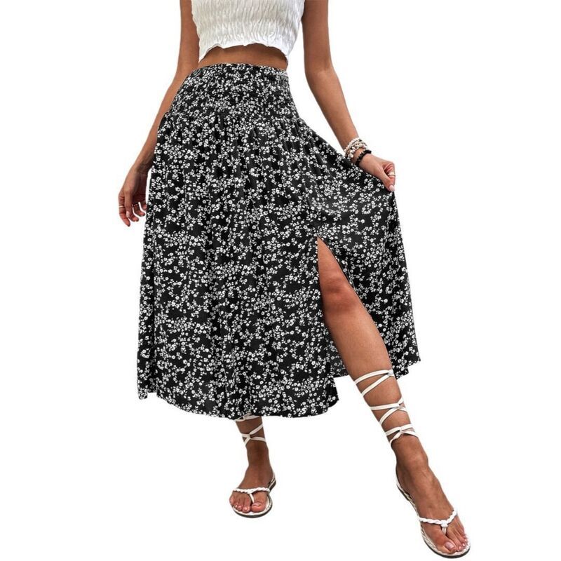 イエスファッション レディース ボトムスカート フラワー柄 メッシュ ミディ フラワー Yesfashion Womens Boho Floral Mesh Slit Split High Waist