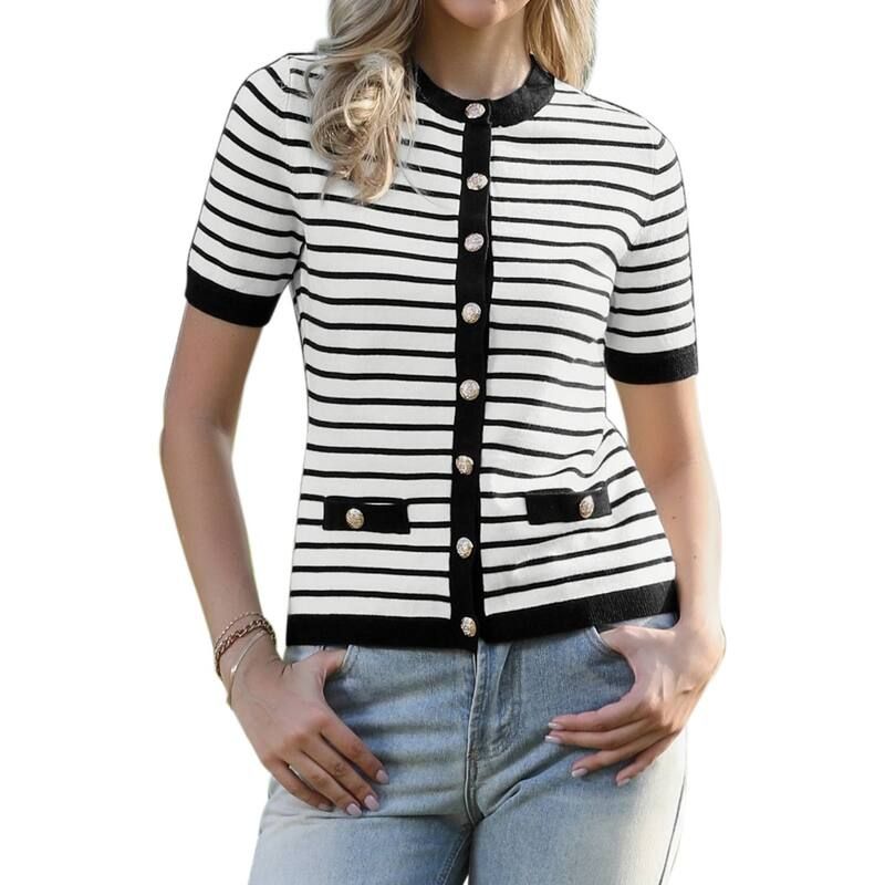 インスパイア シック レディース アウター ニット・セーター ボタンダウン クルーネック カーディガン ダウン INSPIRE CHIC Striped Cardigan for Womenshort