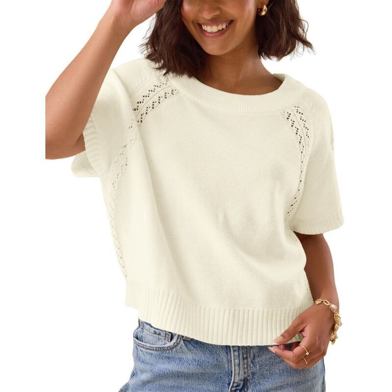 ボディサイズ レディース アウター ニット・セーター クルーネック ブラウス BODDYSIZE Women Casual Knit Crochetop Short Sleeve Crew Neck