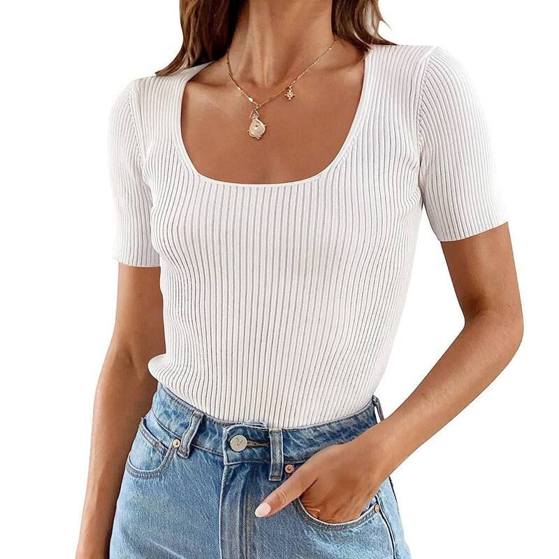 ジョイジョイ レディース アウター ニット・セーター ミニ ブラウス JoyJoy Women Classic UNeck Base Top Slim Basic Pullover Short Sle