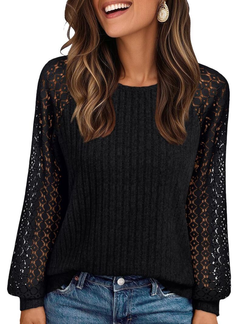 クリアフラワー レディース アウター ニット・セーター クルーネック リブラウス レース ClearFlower Womens Lace Long Sleeve Crew Neck Top Elega