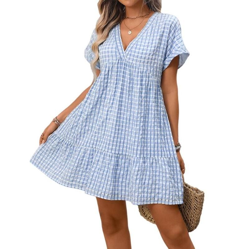 ボディサイズ レディース トップス ワンピース Vネック フリル ミニ BODDYSIZE Womens Casual Plaid Short Sleeve Dress Flowy Cute Ruff