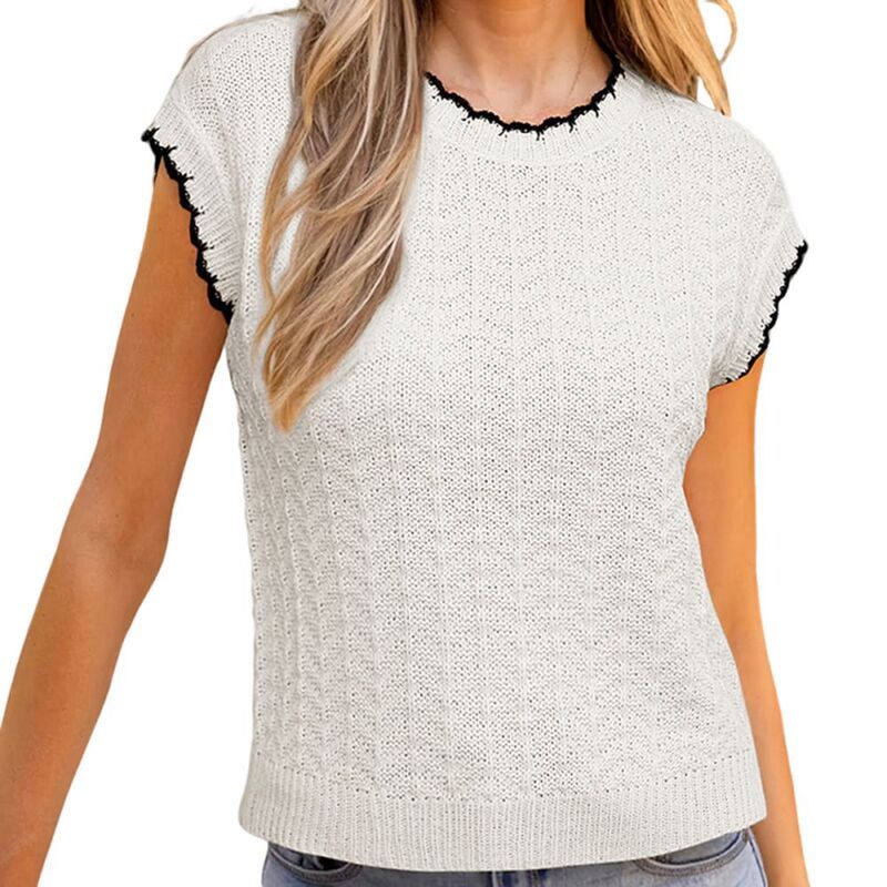 ジョイジョイ レディース アウター ニット・セーター クルーネック コントラスト JoyJoy Womens Crew Neck Contrastrim Short Sleeve Knit Sweat
