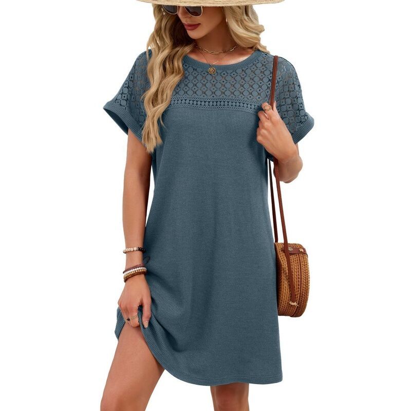 ボディサイズ レディース トップス ワンピース パッチワーク レース BODDYSIZE Casual Womenshort Sleeve Dressolid Coloround Neck Lace