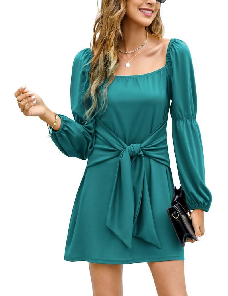 エリートチョイス レディース トップス ワンピース Elitechoice Womensquare Neck Long Sleeve Tie Waist Dress Dark Green グリーン