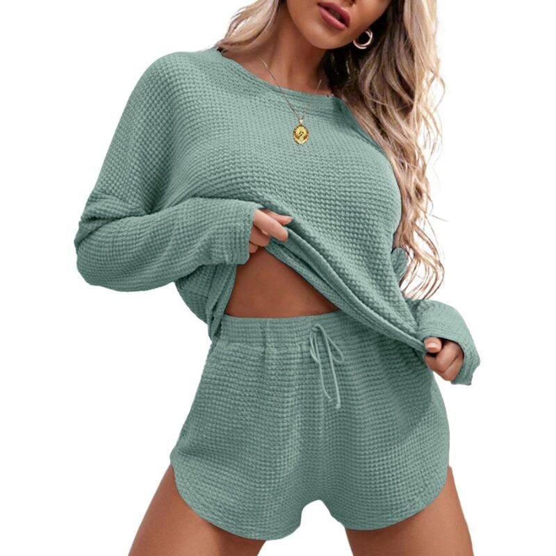 エコアー レディース アンダーウェア ナイトウェア ショートパンツ ニット Womens Ekouaer Waffle Knit Long Sleeve Top Shorts Pajama Set G