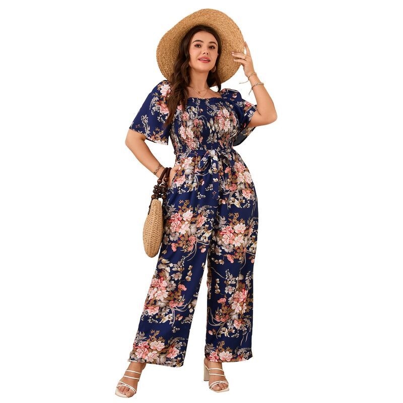 セオリア レディース トップス ワンピース ワイドレッグ フラワー柄 ロンパース ジャンプスーツ フラワー Seoria Women Jumpsuit Floral Short Sleeve Wide