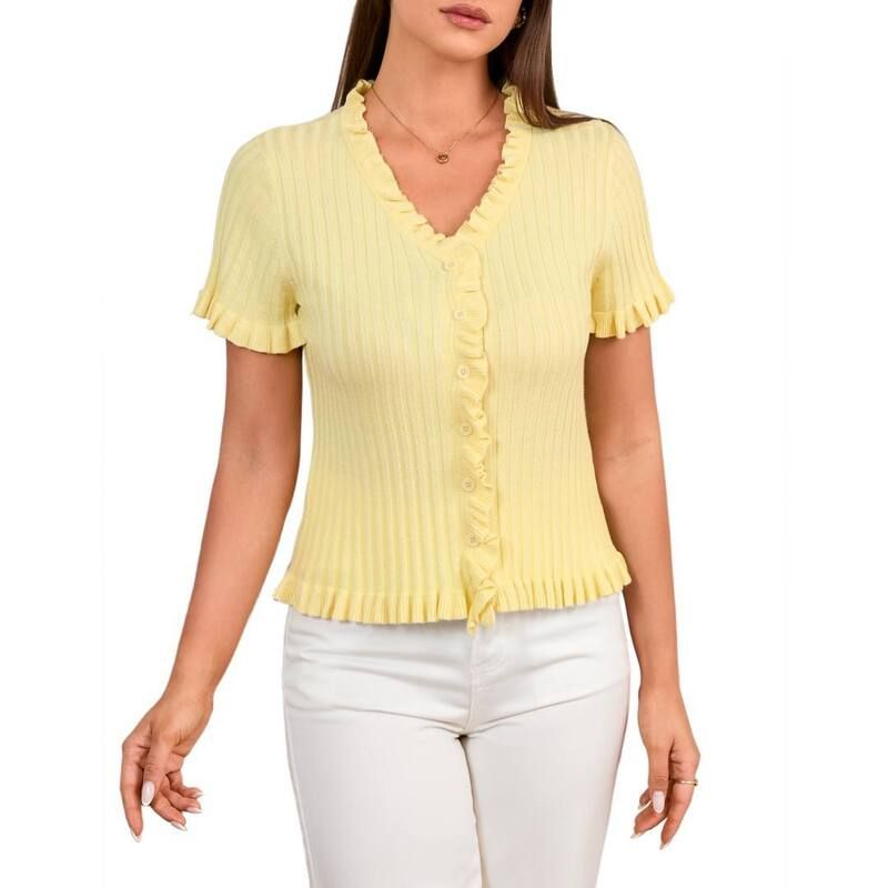 ボディサイズ レディース トップス Tシャツ Vネック ボタンダウン フリル セーター カーディガン ダウン BODDYSIZE Womens Casual Ruffled Short Sleeve