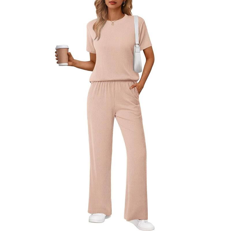 エコアー レディース アンダーウェア ナイトウェア ワイドレッグ パンツ Ekouaer Womens 2Piece Lounge Set Short Sleeve Top Wide Leg Pant