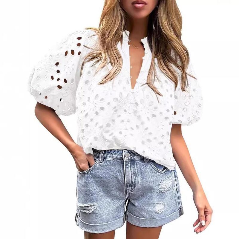 クリアラブ レディース トップス Tシャツ Vネック 刺繍 ブラウス レース Clearlove Women s Embroidered Eyelet Blouse Puff Short Sleeve