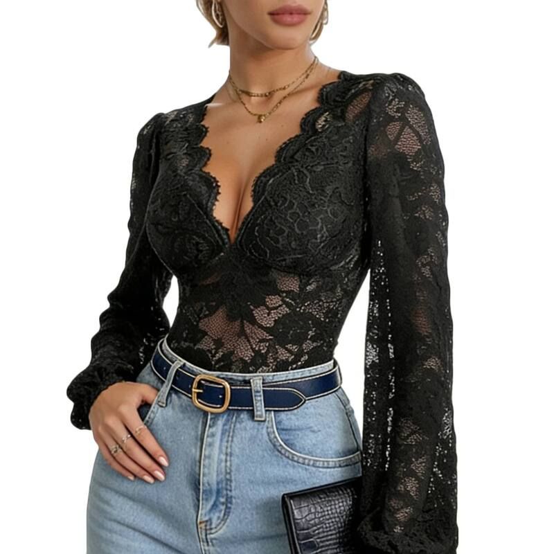 クリアフラワー レディース トップス Tシャツ Vネック フラワー柄 シアー ボディースーツ レース ClearFlower Womensheer Floralace Long Sleeve Body