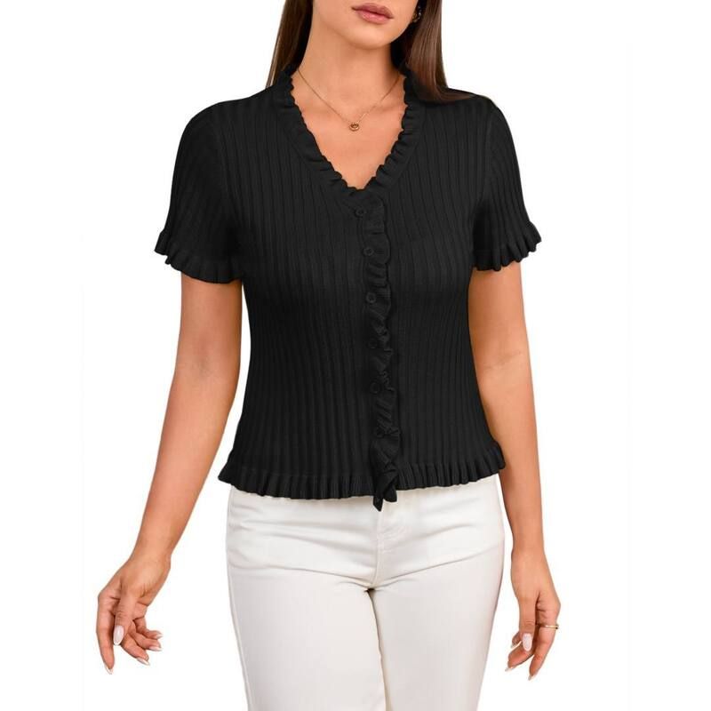 ボディサイズ レディース トップス Tシャツ Vネック ボタンダウン フリル セーター カーディガン ダウン BODDYSIZE Womens Casual Ruffled Short Sleeve