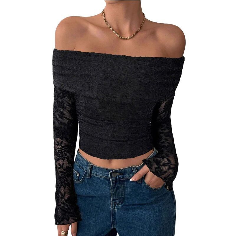クリアフラワー レディース トップス シャツ ギャザー シアー ブラウス レース ClearFlower Womens OfftheShoulder Lace Long Sleeve Crop Top