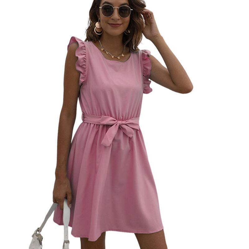 ジョイジョイ レディース トップス ワンピース A ライン フリル JoyJoy Women Ruffle Trim Dressolid Color Aline Swing Flared Belted