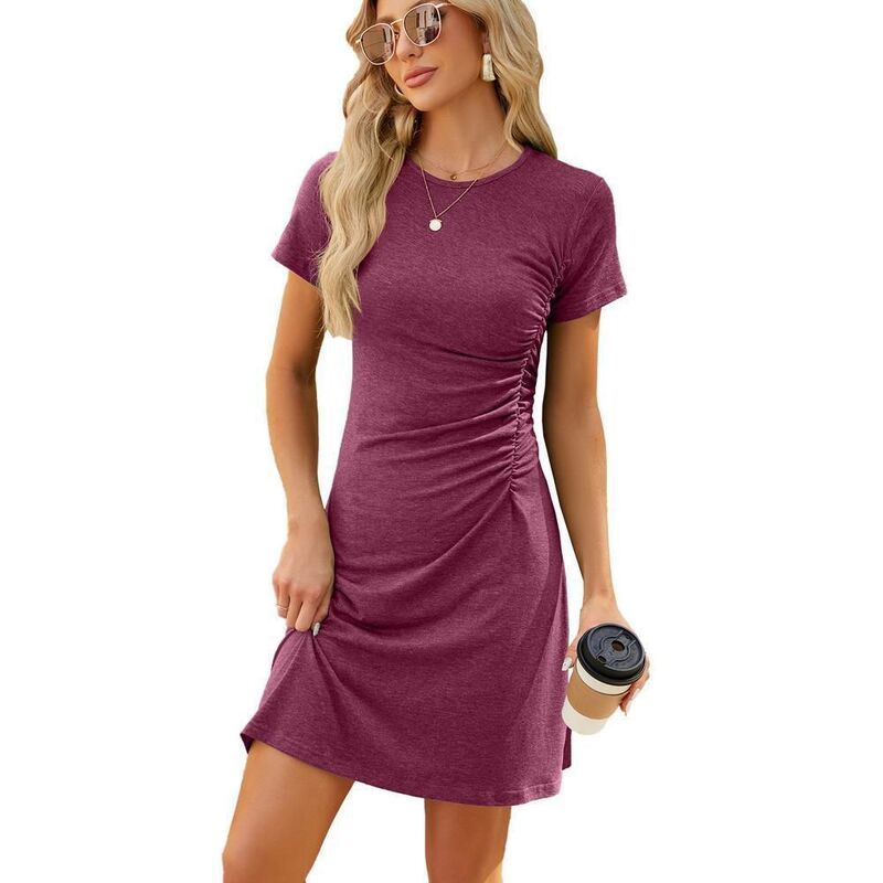 ジョイジョイ レディース トップス ワンピースリムフィット ギャザー JoyJoy Women Round Neck Side Ruched Short Sleeve Dresslim Fit Ver