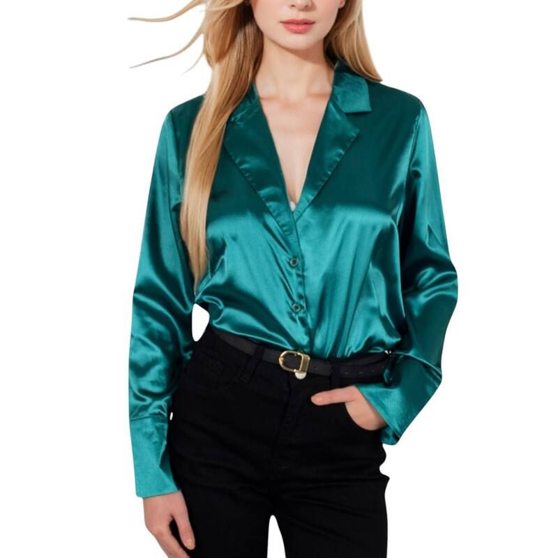 アンナカシ レディース トップス シャツ サテン AnnaKaci Womensatin ButtonUp Shirt with Collar and Flared Cuffs Olive Green