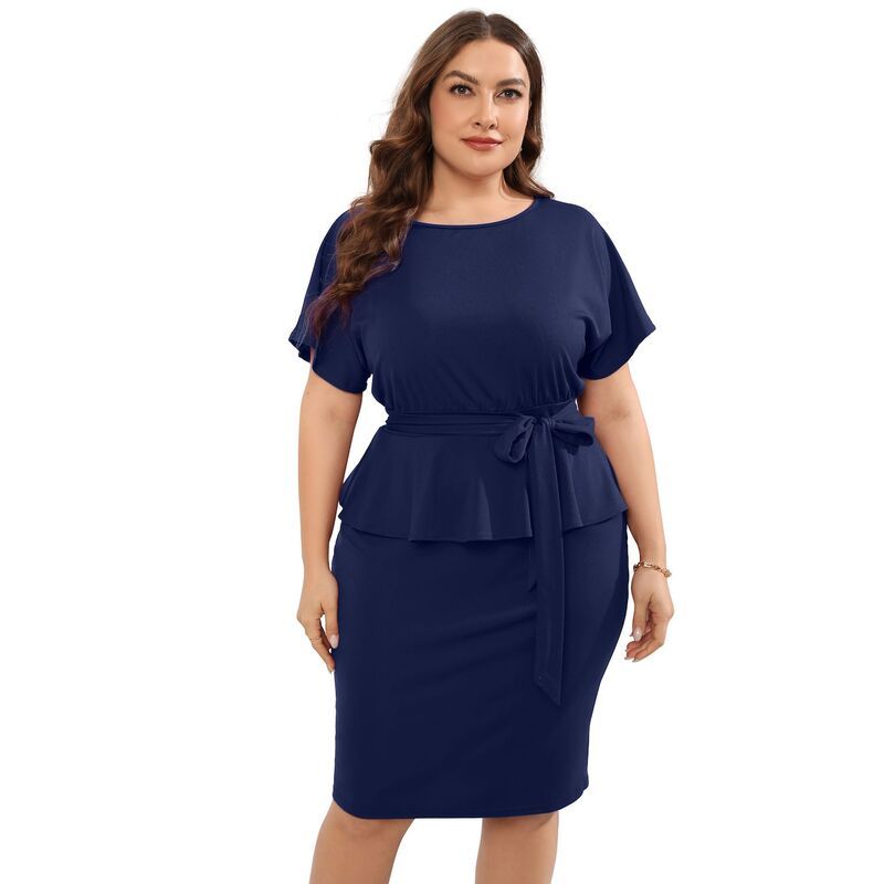セオリア レディース トップス ワンピース プラスサイズ ミディ Seoria Plusize Dress for Women Business Bodycon Short Sleeve Midi D