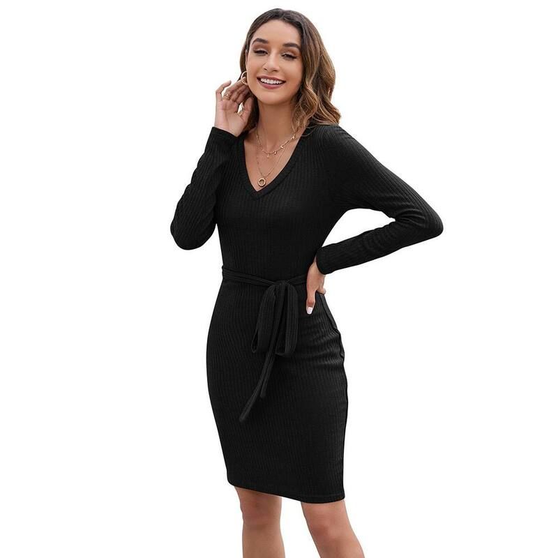 ジョイジョイ レディース トップス ワンピース Vネック リブ ミディ ニット JoyJoy Womens Ribbed Knit Bodycon Midi Dress V Neck Long Sle