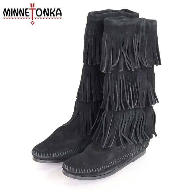 ミネトンカ MINNETONKA レディース ブーツ フリンジ飾りブーツ ブラック系 長期保管品（サイズ/22）ro2049